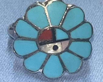 Native American traditionele Zuni-sieraden handgemaakte sterlingzilveren inlay sunface ring turkoois/koraal parelmoer maat 7,5