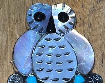 Zuni handmade sterling silver inlay mother of pearl turquoise owl statement pendant/pin