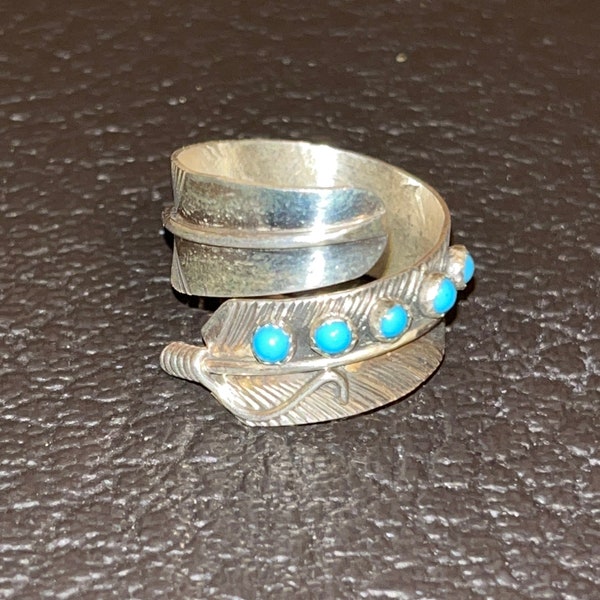 Navajo handmade sterling silver turquoise feather ring size 10-11.5