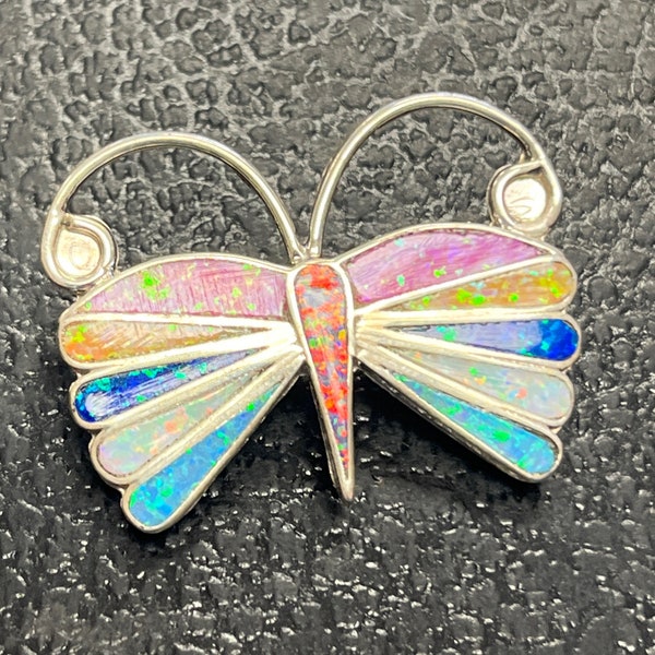 Native American Zuni handmade sterling silver butterfly opal inlay pendant/pin