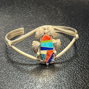 Navajo handgemachtes Inlay Türkis Spiny Oyster Armband aus Sterlingsilber