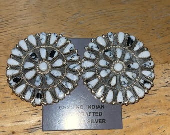 Native American Navajo jewelry handmade sterling silver white buffalo cluster oval traditional earrings -Julius Perry