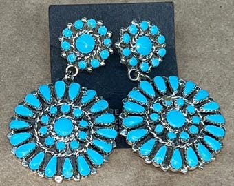 Native American Navajo jewelry handmade sterling silver turquoise traditional cluster post oval style earrings -Mathilda Benally