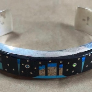 Native American Navajo jewelry handmade sterling silver turquoise multi stone sky inlay traditional bracelet/ cuff -Gilbert Smith