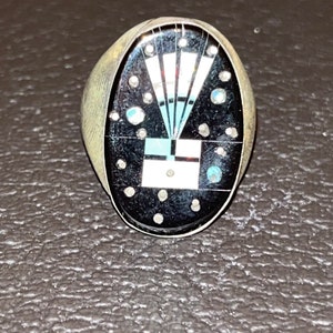 Navajo handmade sky inlay turquoise sterling silver inlay ring size 11 natural