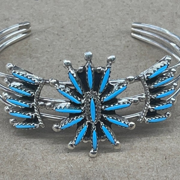 Native American Zuni handmade cluster bracelet sterling silver turquoise cuff needlepoint petit point traditional