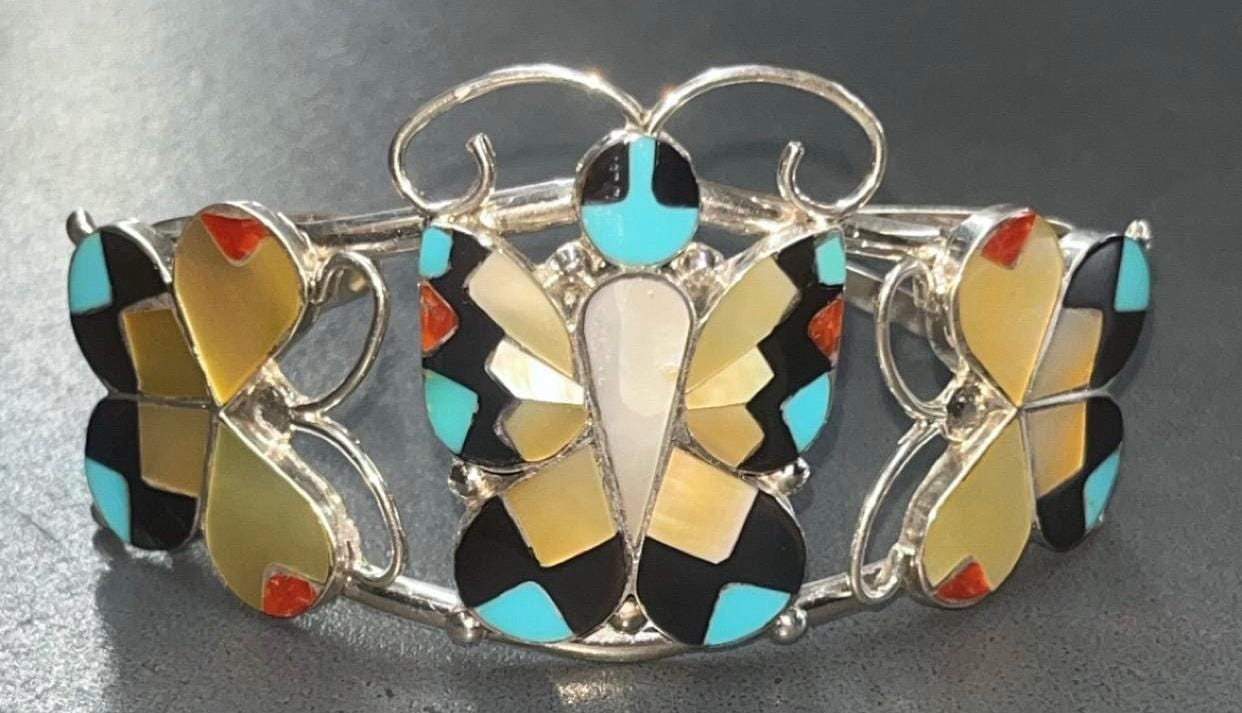 Native American Zuni Handmade Sterling Silver Inlay Mother of