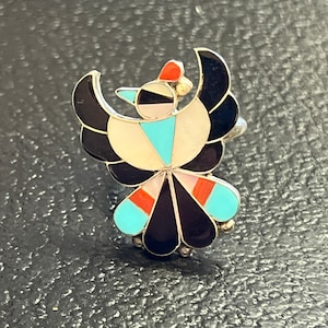 Zuni handmade cluster turquoise multi stone sterling silver inlay ring thunderbird size 6