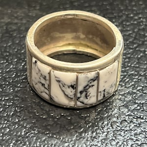 Navajo handmade cluster white buffalo sterling silver inlay ring size 10
