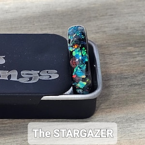 THE STARGAZER- 2mm to 3mm Mixed Opal 32 and Opal 73 with Aqua Glow - Free personalized engraving-Black Ceramic Band -6mm-8mm-10mm