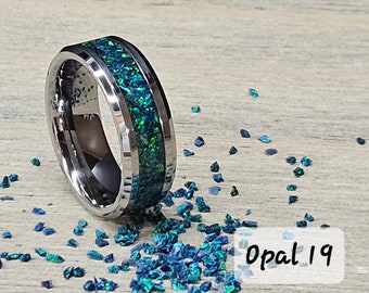 Handmade Opal glow in the dark ring - Made with Deep Sea Opal 19 and Aqua Glow - Free personalized engraving- Tungsten Band
