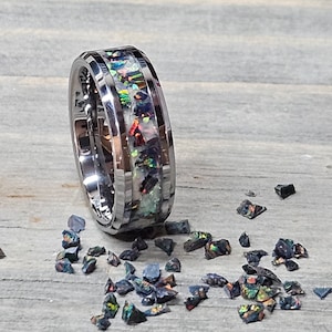 The Zenith Ring - Handmade with Black Rainbow Opal 32 and Green Ice Opal 16 Blue Orange glow - Free personalized engraving- Tungsten Band