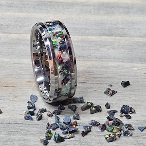 Handmade Tungsten Ring: Black Rainbow Opal & Green Ice Opal, Engraving Available