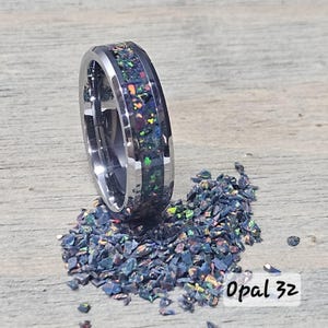 Handmade Opal glow in the dark ring - Made with Black Rainbow Opal 32 and White Glow - Free personalized engraving - Tungsten Band