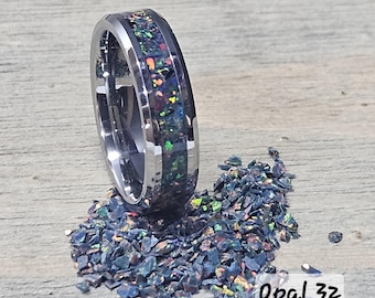 Handmade Tungsten Ring: Black Rainbow Opal, Glow in the Dark, Personalized Engraving