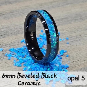 Handmade Opal glow in the dark ring - Made with Pacific Blue Opal 5 and Blue Glow - Free personalized engraving- Black Ceramic Band