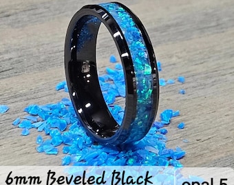 Handmade Opal glow in the dark ring - Made with Pacific Blue Opal 5 and Blue Glow - Free personalized engraving- Black Ceramic Band
