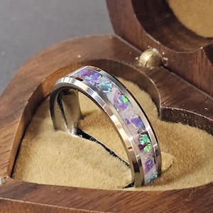 The Reflections Ring - Handmade with Amethyst Opal 51 and White Glow - Free personalized engraving-only at Opal Glow Rings - Tungsten Band