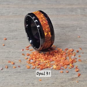 Handmade Opal glow in the dark ring - Made with Mexico Orange Opal 31 and Orange Glow - Free personalized engraving- Tungsten Band
