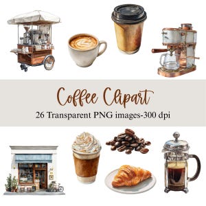 Coffee Watercolor Clipart: Latte, Espresso, Iced Coffee (PNG Digital Download, Commercial Use)