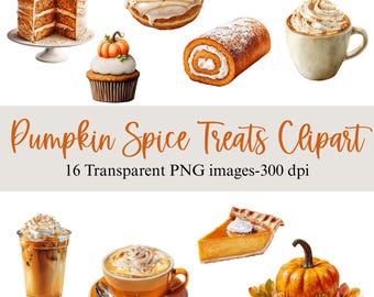 Pumpkin Spice Treats Watercolor Clipart, Pumpkin Latte PNG, Pumpkin Pie PNG, Commercial Use, Digital Download