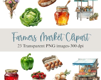 Farmers Market Watercolor Clipart, Fruit & Vegetable PNG Images, Commercial Use, Digital Download