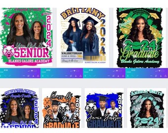 May include: Six different graduation designs featuring a black and green color scheme with gold accents. Each design includes the year 2024, the words "Graduate" or "Senior", and a personalized name. The designs are perfect for creating custom graduation shirts, mugs, or other personalized gifts.