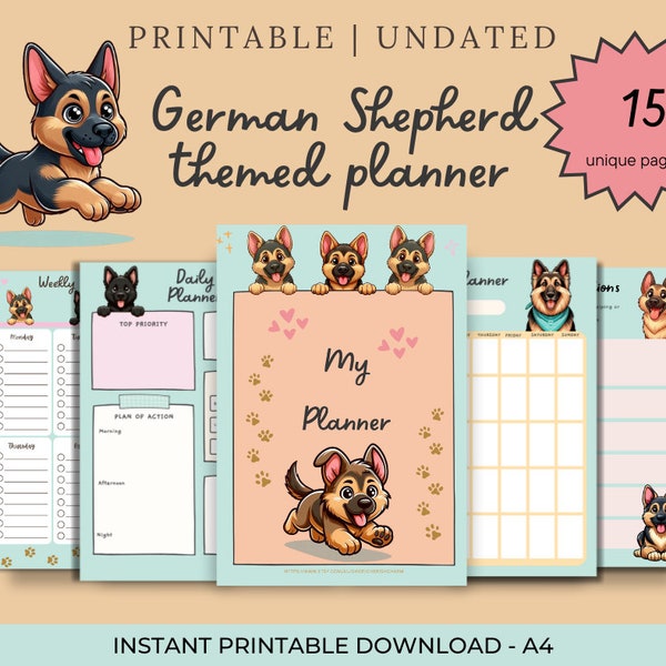 German Shepherd themed planner bundle, 15 x A4 printable pages, digital download, planner, to-do list, dog lovers, shopping list.