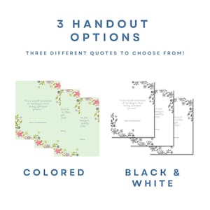 Puede incluir: La imagen muestra tres opciones de folletos con citas, disponibles en color y en blanco y negro. Los folletos en color tienen bordes florales y un fondo verde claro. El texto dice "3 Opciones de folleto" y "&iexcl;Tres citas diferentes para elegir!"