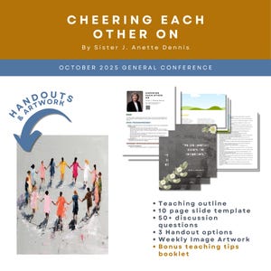 以下が含まれることがあります： シスターJ.アネット・デニスによるデジタル製品「Cheering Each Other On」。画像には、手をつないでいる人々の絵、指導概要、スライドテンプレート、ディスカッションの質問、ハンドアウトオプション、ボーナス小冊子が含まれています。