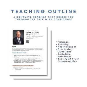 Puede incluir: Un esquema de ense&ntilde;anza blanco con el t&iacute;tulo "Teaching Outline" y el texto "Look to God and Live". El esquema incluye secciones sobre prop&oacute;sito, actividad, mensajes clave, preguntas de discusi&oacute;n, referencias de las Escrituras y oportunidades para testificar la verdad.