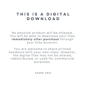 Puede incluir: Fondo blanco con el texto "THIS IS A DIGITAL DOWNLOAD" en gris oscuro. El texto explica que no se enviar&aacute; ning&uacute;n producto f&iacute;sico y que los archivos est&aacute;n disponibles para su descarga inmediatamente despu&eacute;s de la compra. Se pueden compartir folletos impresos.