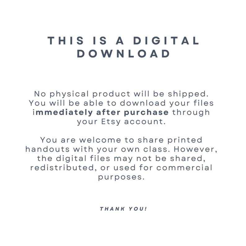 Puede incluir: Fondo blanco con el texto "THIS IS A DIGITAL DOWNLOAD" en gris oscuro. El texto explica que no se enviar&aacute; ning&uacute;n producto f&iacute;sico y que los archivos est&aacute;n disponibles para su descarga inmediatamente despu&eacute;s de la compra. Se pueden compartir folletos impresos.