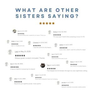 Puede incluir: Gr&aacute;fico con el texto "WHAT ARE OTHER SISTERS SAYING?" y cinco estrellas doradas. Rese&ntilde;as de clientes con fechas, nombres de usuario y calificaciones de cinco estrellas destacan la calidad y utilidad del contenido.