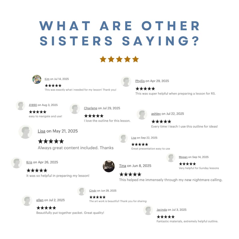 Puede incluir: Gr&aacute;fico con el texto "WHAT ARE OTHER SISTERS SAYING?" y cinco estrellas doradas. Rese&ntilde;as de clientes con fechas, nombres de usuario y calificaciones de cinco estrellas destacan la calidad y utilidad del contenido.