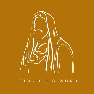 Puede incluir: Un dibujo lineal minimalista de una figura con barba y ropa drapeada, en blanco sobre un fondo amarillo mostaza. El texto "TEACH HIS WORD" est&aacute; en la parte inferior en blanco.