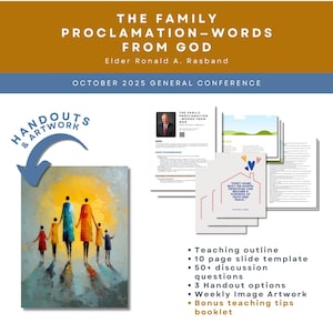 May include: A promotional image for a religious conference. The top banner reads "THE FAMILY PROCLAMATION - WORDS FROM GOD." The image includes a painting of a family, handouts, and a list of features including a teaching outline and discussion questions.