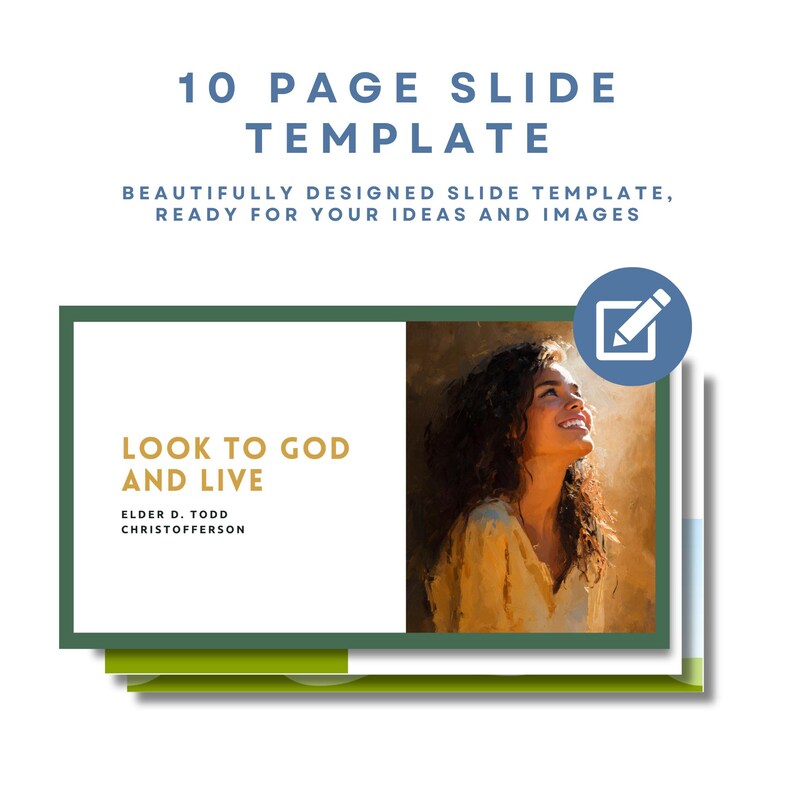 Puede incluir: Una plantilla de diapositivas de 10 p&aacute;ginas con el texto "10 PAGE SLIDE TEMPLATE" en azul. La plantilla incluye el texto "LOOK TO GOD AND LIVE" y una imagen de una mujer mirando hacia arriba. La plantilla est&aacute; lista para ideas e im&aacute;genes.