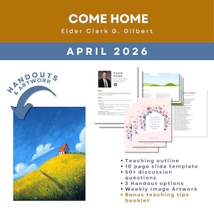Puede incluir: Imagen promocional con el texto "COME HOME" y "ABRIL 2026". Incluye una pintura de una casa en una colina, folletos y un esquema de enseñanza. La imagen también presenta una plantilla de diapositivas de 10 páginas y un folleto.