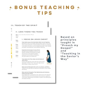 Puede incluir: P&aacute;ginas blancas con texto e ilustraciones, tituladas "Bonus Teaching Tips". Las p&aacute;ginas discuten los principios de ense&ntilde;anza, incluyendo enfocarse en Jesucristo, amar a los que se ense&ntilde;an y ense&ntilde;ar por el Esp&iacute;ritu. El texto incluye "Preach my Gospel" y "Teaching in the Savior's Way."