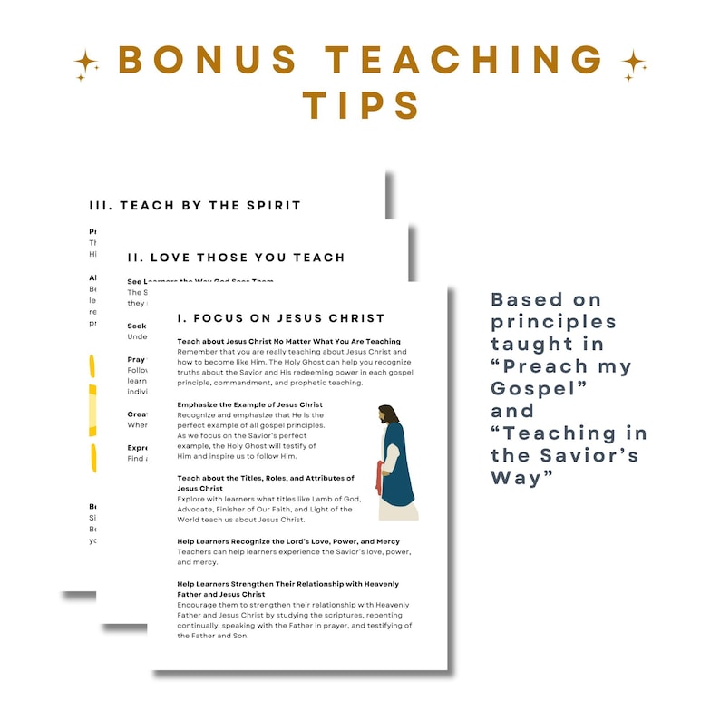Puede incluir: P&aacute;ginas blancas con texto e ilustraciones, tituladas "Bonus Teaching Tips". Las p&aacute;ginas discuten los principios de ense&ntilde;anza, incluyendo enfocarse en Jesucristo, amar a los que se ense&ntilde;an y ense&ntilde;ar por el Esp&iacute;ritu. El texto incluye "Preach my Gospel" y "Teaching in the Savior's Way."