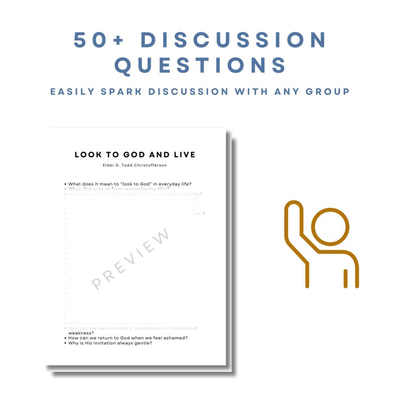 Puede incluir: Documento blanco con el t&iacute;tulo "LOOK TO GOD AND LIVE" y preguntas de discusi&oacute;n. El documento est&aacute; acompa&ntilde;ado por el texto "50+ DISCUSSION QUESTIONS" y una ilustraci&oacute;n de una persona levantando la mano.