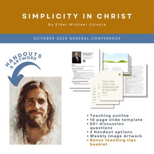 May include: A promotional graphic with the title "SIMPLICITY IN CHRIST" and the author's name. It includes an image of Jesus, handouts, and a list of features such as teaching outlines and artwork.