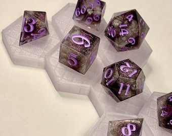 Lavender Cosmos, 9-piece DND Dice Set, Handmade Dice Set, Sharp-Edged Dice Set, Galaxy Resin Dice, One-of-a-Kind DND Dice Set