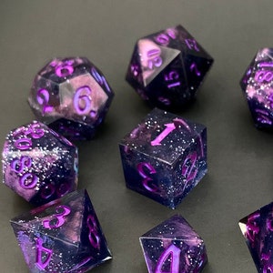 Violet Galaxy, 9-piece DND Dice Set, Handmade Dice Set, Sharp-Edged Dice Set, Galaxy Dice, One-of-a-Kind DND Dice Set