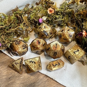 Golden Dragon, 9-piece DND Dice Set, Handmade Dice Set, Sharp-Edged Dice Set, Dragon Scaled Resin Dice, One-of-a-Kind DND Dice Set