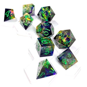 Ambition and Depth, 9-piece DND Dice Set, Handmade Dice Set, Sharp-Edged Dice Set, Liquid Core Dice, One-of-a-Kind DND Dice Set