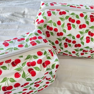 Cherry Cosmetic Bag, Adorable Coquette Handmade Cosmetic Bag, Cotton Toiletry Pouch, Cute Travel Bag, Machine Washable Bag