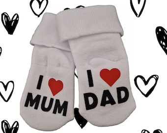 Personalised Baby Socks, I love mum, I love dad, baby shower idea