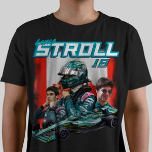 Puede incluir: Una camiseta negra con un diseño gráfico que presenta a un piloto de carreras con un casco verde y negro, una bandera canadiense y el texto "Lance Stroll 18".